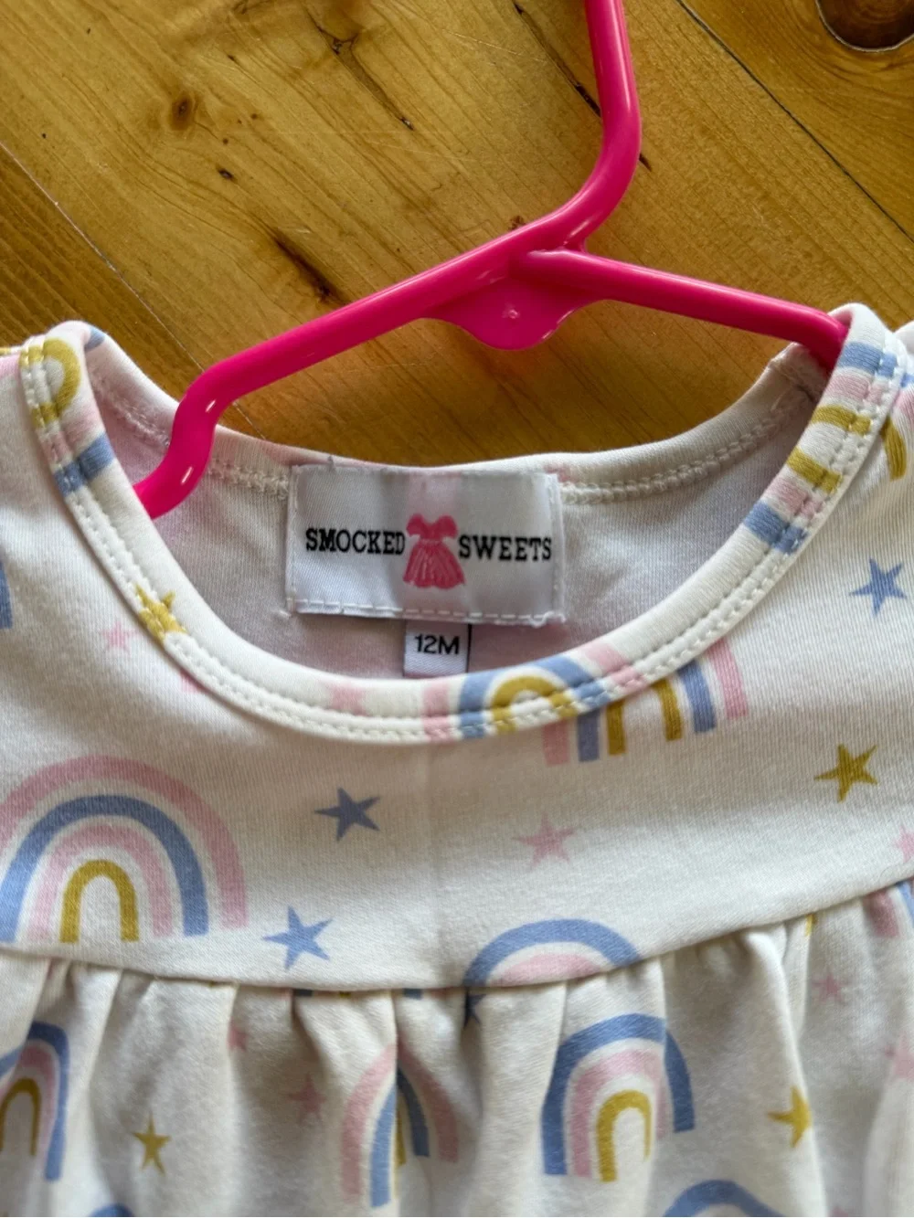18 M Smocked sweets Rainbow Print Nightgown / Dress with Pink Gingham Ruffle